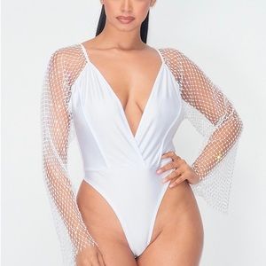 Rhinestone mesh sleeve bodysuit